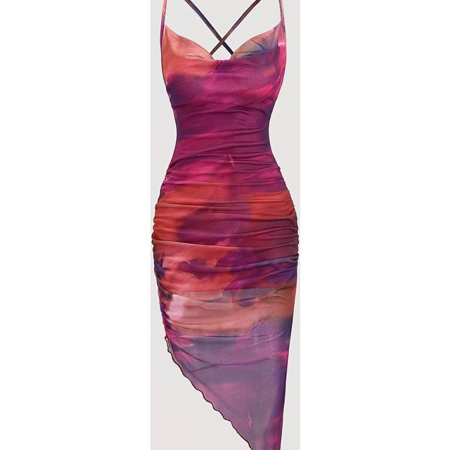 TEMU Slit Hem Bodycon Dress With Off-shoulder Sexy Sunset Tie-dye