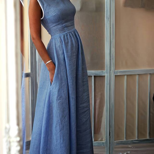 TEMU Women's Elegant Formal & Everyday Long Dress - Flared A-line Skirt, Non-see-through Fabric, Machine Washable Party & Office Dress For Women Ns702, Special Occasion Wear, Functional Pockets