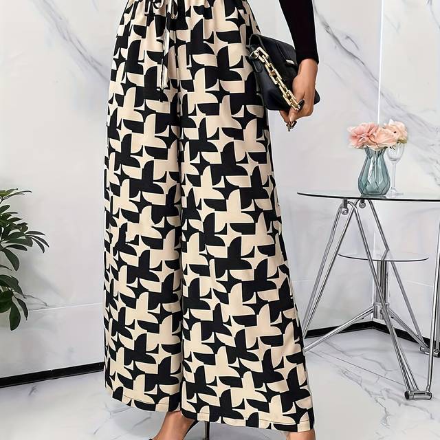 TEMU Women's Geometric Bird Wide-leg Pants - Relaxed Straight-leg Trousers With Drawstring Waist, Machine Washable Non-stretch Fabric For (), Comfortable Clothing, Lightweight Trousers