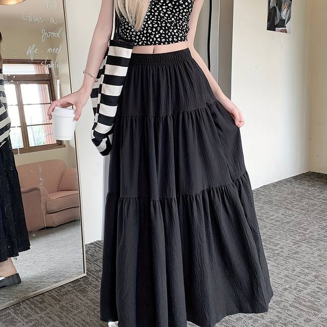 TEMU Spring And Autumn Women's High-waisted Slimming Versatile White Midi Skirt With Elastic Waist, Mid-length Black Skirt With Lining, Beach Party Long Skirt.