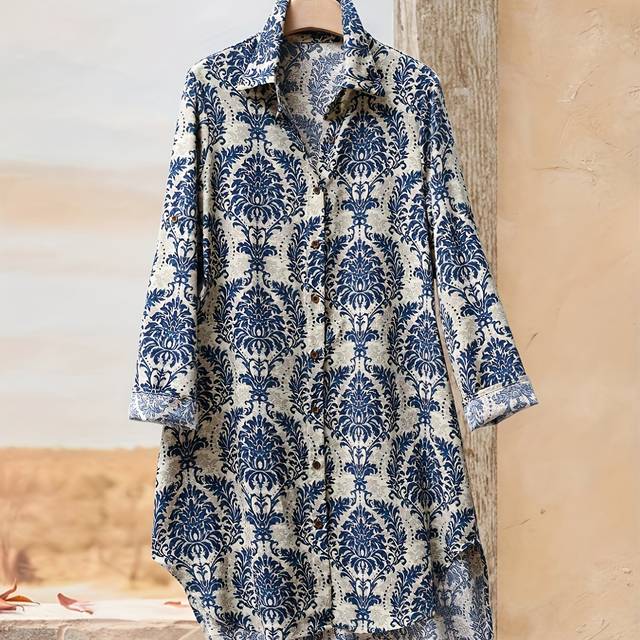 TEMU Women's Vintage-style Long Sleeve Button-up Shirt Dress - Blue Floral Print, Casual Summer Dress For Adult, Casual Summer Attire | Floral Print Dress | Up Shirt