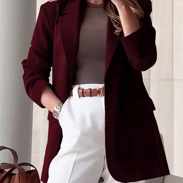 TEMU Women's Blazer - Solid Color Loose Fit Long Sleeve Office & Casual Jacket, Machine Washable Versatile Outerwear, Professional Attire, Luxury Button Detail
