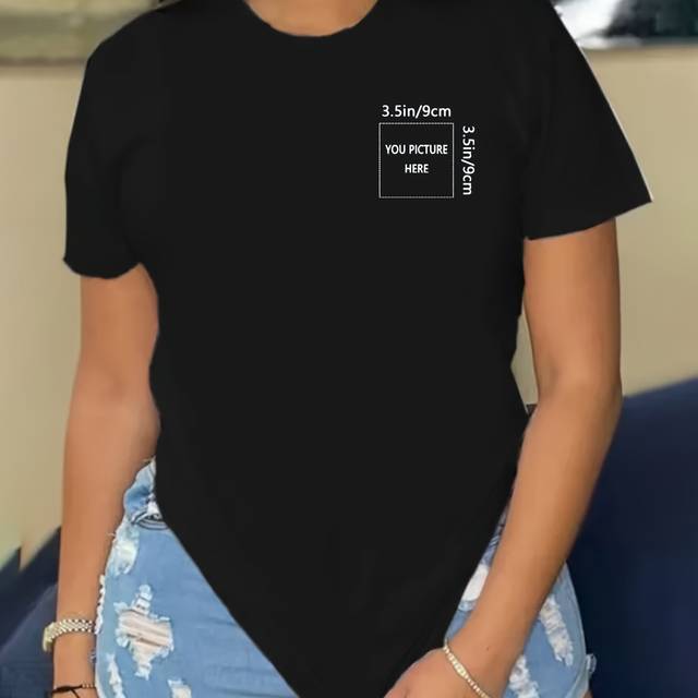 TEMU Custom Photo Print T-shirt For Women - Personalized Short Sleeve Crew Neck Casual Top, Black , , Custom T Shirt