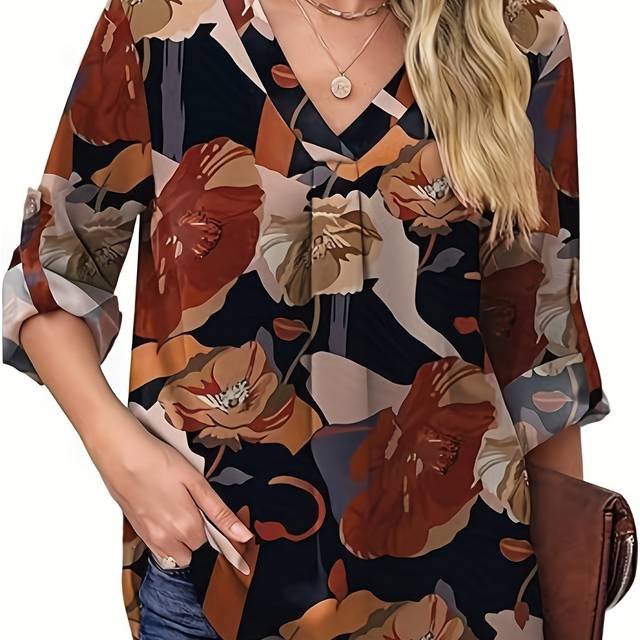 TEMU 1pc Elegant Floral Print V-neck 3/4 Sleeve Blouse For Women, 100% Polyester Lightweight Chiffon Shirt Top, Spring/fall Business Casual Woven Blouse