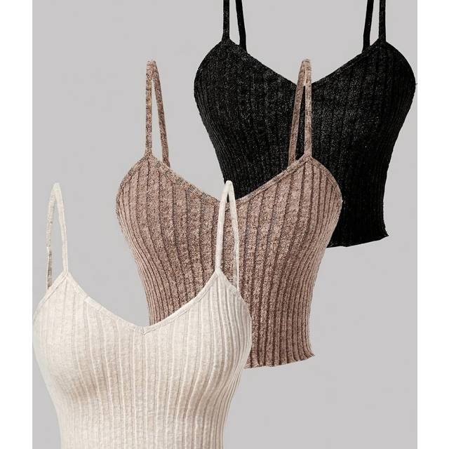 TEMU 3-pack Women's Summer Knit Tank Tops, Casual Striped V-neck Sleeveless Tops With Ruffle Shoulder Straps, Polyester 95% Elastane 5% Short Length Slingback Tops, Solid Color