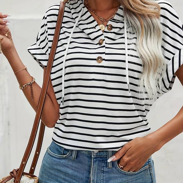 TEMU Women's Casual Hooded Stripe Knit Polyester Button Summer Sweatshirt