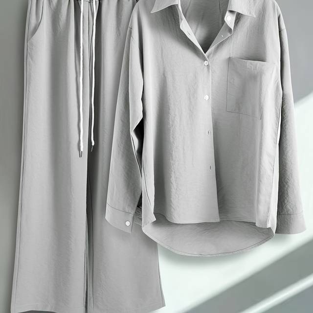 TEMU Women's Casual Two-piece Set - Long Sleeve Button-up Shirt & Drawstring Pants, Polyester, Solid Color, Wear, Casual Attire|buttonup Shirt|polyester Fabric