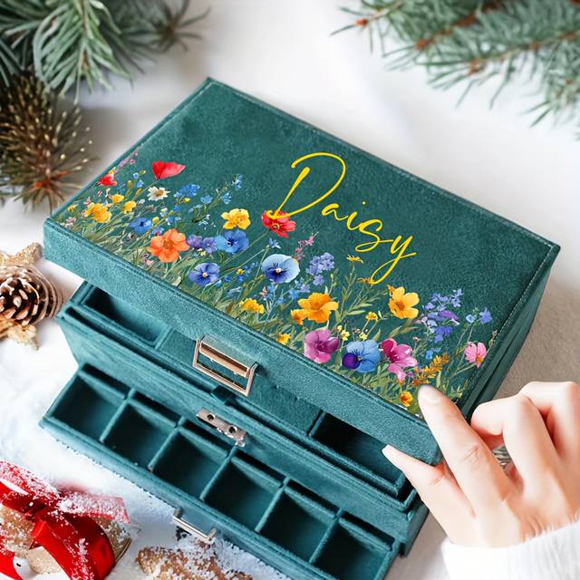 TEMU Personalized Large Velvet Jewelry Box With - Customizable Green Jewelry Organizer For Women, Perfect Valentine’s Day Or Keepsake Gift, Jewelry Gift Box