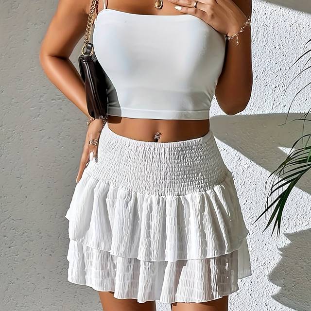 TEMU Shirred Waist Flare Tiered Skirt, Casual A-line Mini Skirt For , Women's Clothing