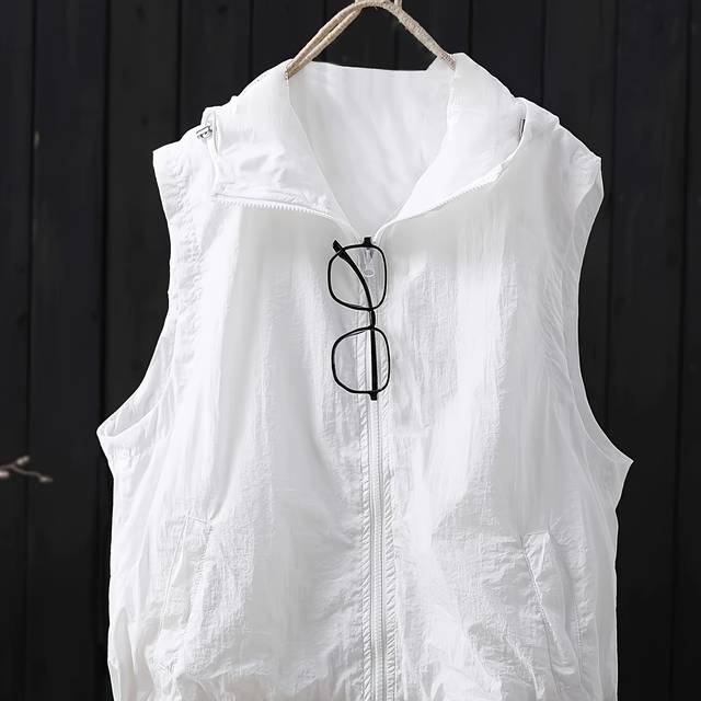 TEMU Women's Lightweight Hooded Zip-up Sleeveless Vest - Casual Solid Color Machine Washable Regular Fit Spring Summer Layering Essential For Outdoor & Casual Attire