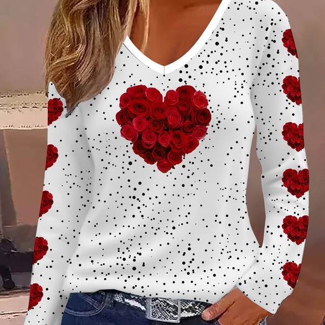 TEMU Women's Elegant Casual Valentine's Day 3d Heart Print Long Sleeve T-shirt - V-neck Red Rose & Black Polka , Machine Washable , Romantic Outfit, Nontransparent Fabric