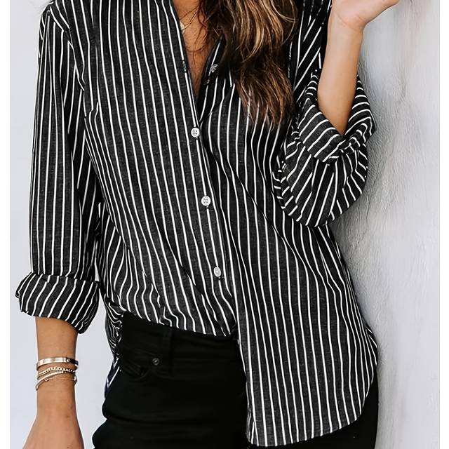 TEMU Black Casual Button-up Shirt For Women With Vertical Stripes