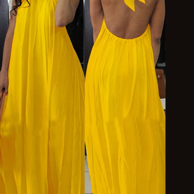 TEMU Women's Elegant Halter Neck Maxi Dress, Summer Solid Color Polyester 100% Sleeveless Long Dress With Drawstring Detail, Woven Fabric, 109 G/m² - Adult A-line Silhouette