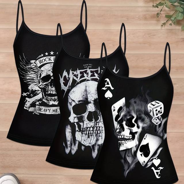 TEMU 3pcs Women's Sleeveless Tank Tops - Edgy Skull & Graphic Print, Soft Breathable Fabric, Thin Strap Elegant Summer Tops For Casual & Dressy Outfits