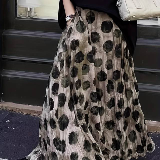 TEMU Vintage Polka Dot High-waist Maxi Skirt For Women - A-, Loose Fit With Elastic Waistband, Red & Beige Pattern, Spring/summer/fall, Spring Fashion, Retro Style, Flowy Fabric
