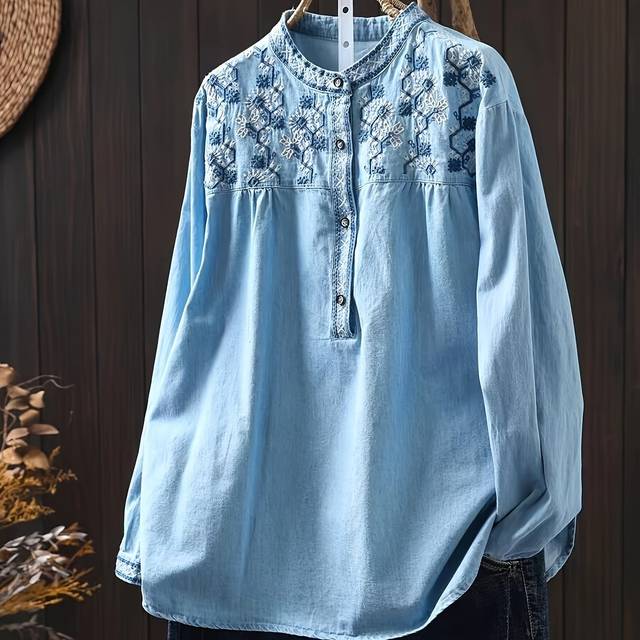 TEMU Women's Vintage Style Embroidered Stand Collar Blouse, Loose Long Sleeve Top For Spring And Fall, Floral Pattern, Polyester, Casual Wear Blouse | Embroidered Detailing | Polyester Fabric