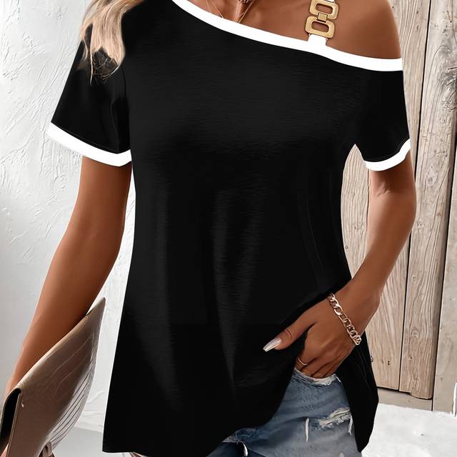 TEMU Elegant Off-shoulder Women's T-shirt - Stretchy, Machine Washable, Solid Black With White Trim & Chain Detail, Summer Casual Wear, Warm Weather Apparel | Modern Casual Look | Stretchy Fabric