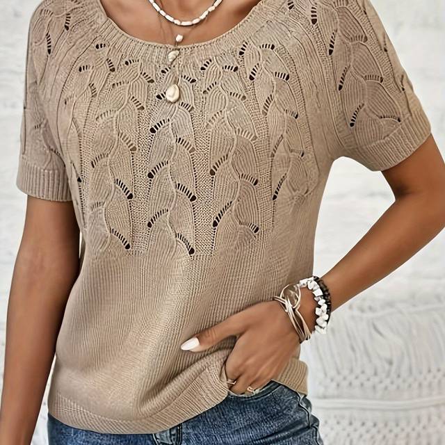 TEMU Women's Casual Round Neck Short Sleeve Pullover Sweater - Beige With Black Lace-like Cut-out Details, Soft Stretchy, , Regular Fit, Cute Sweater