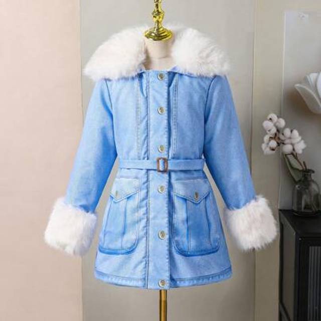 SHEIN Young Girls Fashion Outdoor Casual Street Style Denim Effect Print Warm Hooded Padded Jacket, Suitable For Autumn/Winter Daily Wear, School, Outings,