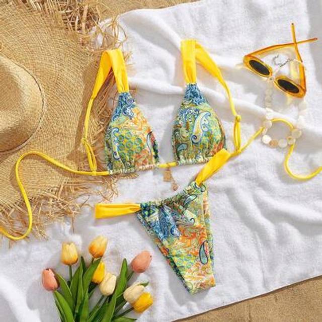SHEIN New Soft Adjustable Strap Printed Tie Front Elegant Party Bikini Set, Women Summer Beach Fashion Swimwear