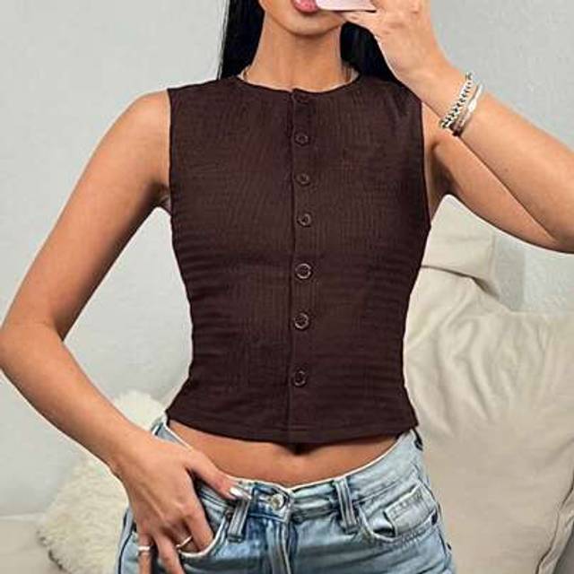 SHEIN Women&#39;s Casual Solid Color Front Button Cropped Tank Top, Summer