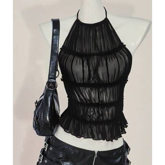 SHEIN Solid Color Sexy Halter Backless Mesh Sheer Back Camisole,Rave Top,See Through Top
