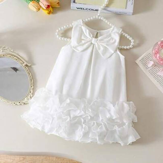 SHEIN Baby Girls&#39; Elegant Simple Sleeveless Bow Decor Crinkle Mesh Skirt Dress, Spring/Summer