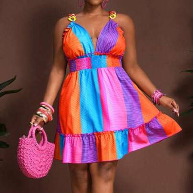 Slaydiva Sexy Vacation & Date Multicolor Ring Strap Waist A-Line Ruffle Hem Colorful Stripe Pattern Plus Size Women Dress, Spring/Summer