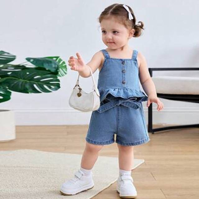 SHEIN 2pcs/Set Baby Girl Denim Suspender Top And Shorts Set