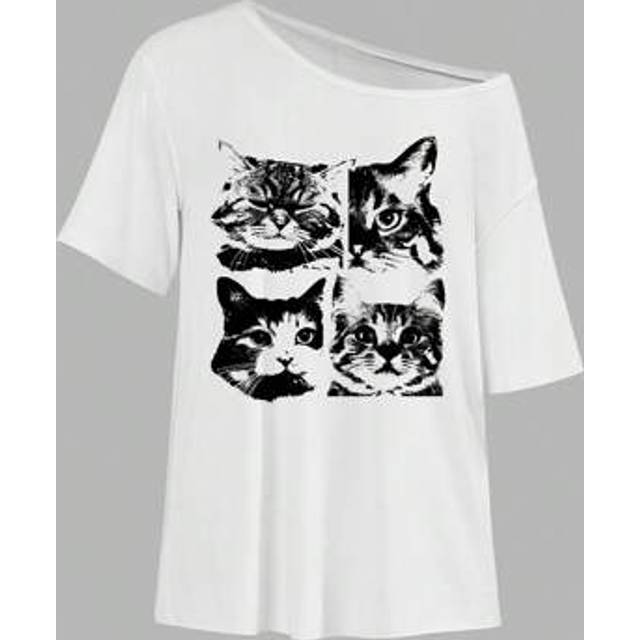 SHEIN Retro Black & White Cat Print Off Shoulder Loose Women Short Sleeve T-Shirt, Casual & Minimalist