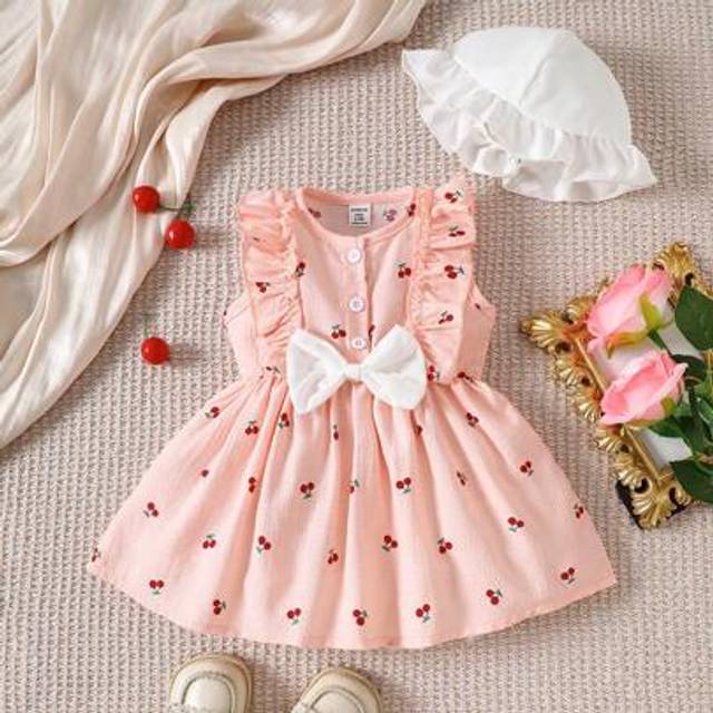 SHEIN Infant Baby/Toddler Girl Pink Cherry Print Bow Dress And Hat, Fashionable, Cute, Sweet And Elegant. Contrast White And Pink, Button Front, Ruffle Trim