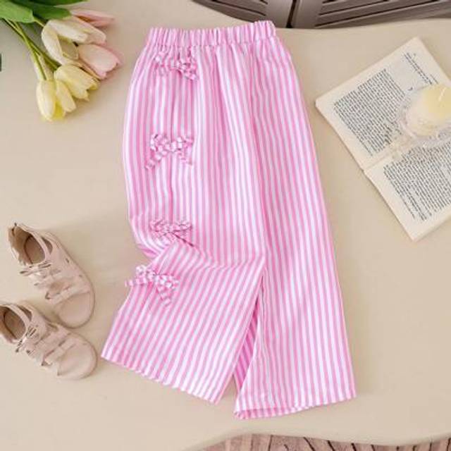 SHEIN 1pc Girls Striped Pink & White Vertical Stripe Casual Straight Leg Pants With 3D Bow, Children Summer Casual Sports Trousers