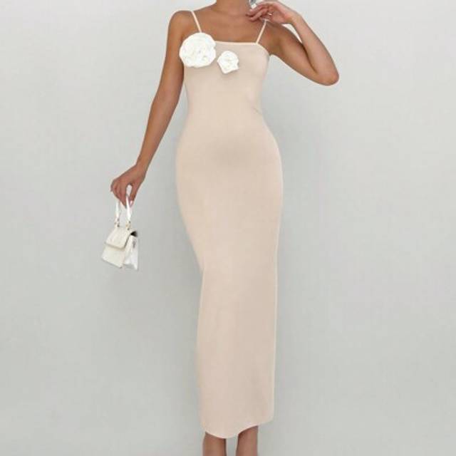 Aloruh Women&#39;s Summer Graduation Prom Party Vacation Black And White Contrast Three-Dimensional Flower Sling Slim Fit Super Long Slit Dress