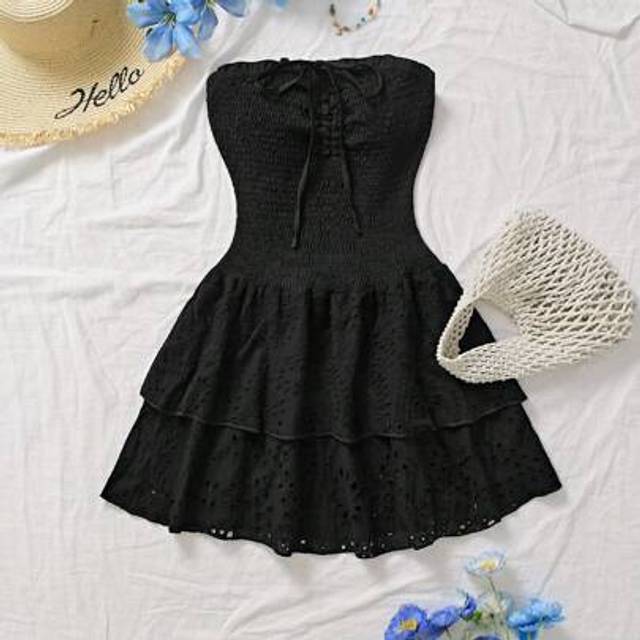 Flirla Black Strapless Lace-Up Decor Patchwork Hollow Out Embroidery Trim Ruffle Hem Asymmetrical Elasticated Waist Crop Dress