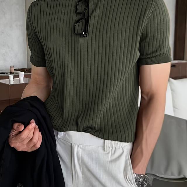 TEMU New -border Men's Short-sleeve Knitted Sweater With Small Ribbing