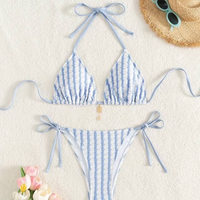 TEMU Women's Elegant Color-block Textured Fabric Bikini Set - V-neck, Heart Charm, Stretch Polyester & Spandex, Non-transparent Swimwear, High-waisted Bikini Set With Lace-up Detai