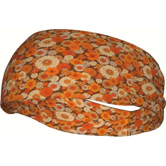 TEMU Biihudu 70s Retro Daisies Flower Power Headband - Orange & Brown Geometric Pattern, Hygroscopic Sports Hair Accessory For Workouts, Outdoor Activities, Hiking, Running, Gym, Vintage Headband,