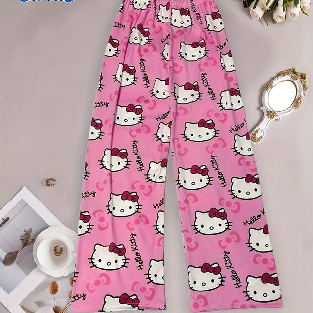 TEMU For Hello Kitty Printed Pajama Pants, Elastic Waist Long Trousers For Women, Cute Polyester And Spandex Loungewear, Machine Washable, Loose Fit, Casual