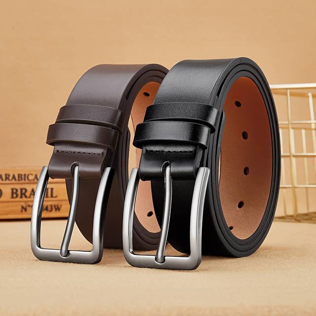 TEMU 2pcs Men's Vintage Leather Belts, Square Alloy , Suede Genuine Leather Panel, For Men, Daily
