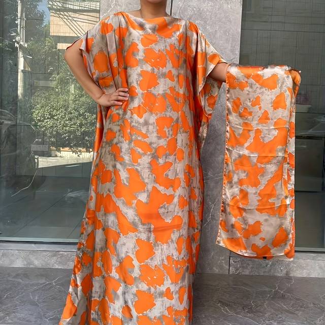 TEMU Women's Plus Size Floral Print Tunic Dress With Scarf - Elegant Short Sleeve Crew Neck, Loose Fit, Long Length, , Party Attire, Casual Wear|floral Print Dress|loose Fit Dress