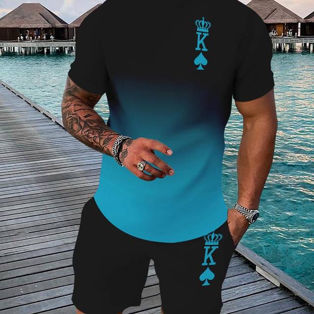 TEMU Casual Sports Suit Breathable Outdoor Casual Men's T-shirt And Five-pants Suit Summer 3d Printing Suit For Adult Men