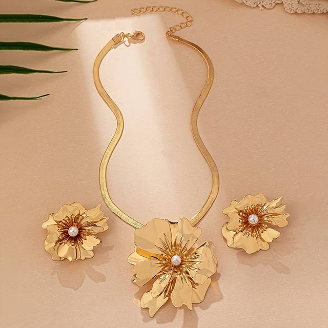 TEMU Elegant 2-piece Jewelry Set, Luxury Golden Metal Flower Pendant Snake Chain Necklace And Earrings, Sophisticated Accessories For Women, Parties And Banquets