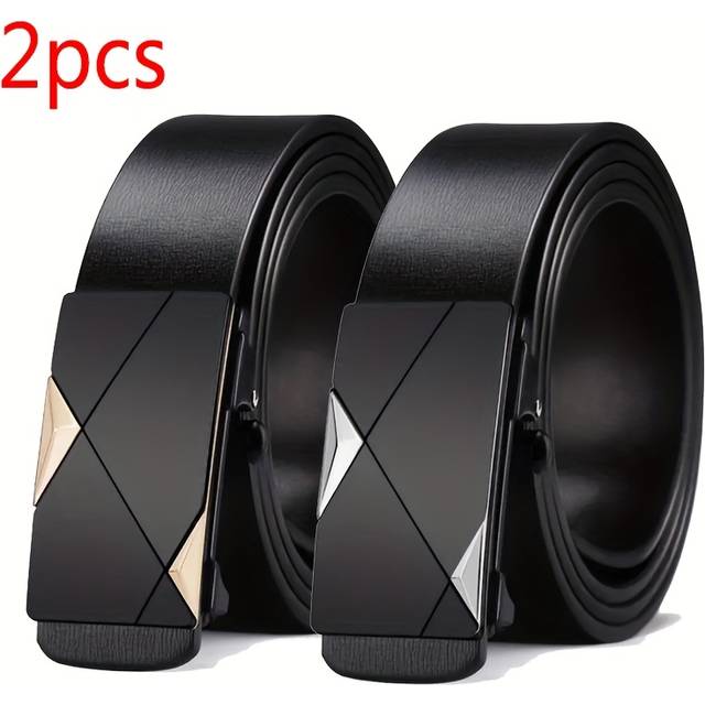 TEMU 2/3pcs Set Of Men's Casual Black Automatic Belts - Fashionable , Ideal Gift For Husband Or Boyfriend, Pu Fabric Suitable For Jeans And Office Wear