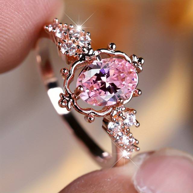 TEMU Elegant Design Engagement Ring With Pink Cubic Zirconia - Luxurious Copper Band, Sparkling Rhinestones, Valentine's Day And Weddings, Wedding Ring|elegant Ring Design|cubic Zirconia Ring