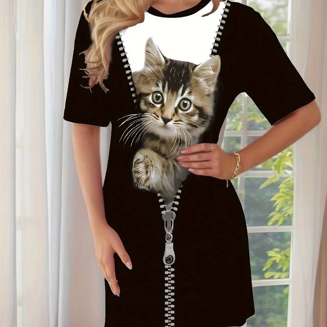 TEMU Women's Cat Print Zip-up Night Dress - Comfortable Short Sleeve Sleepwear With Kitten Design, Black For All , Cute
