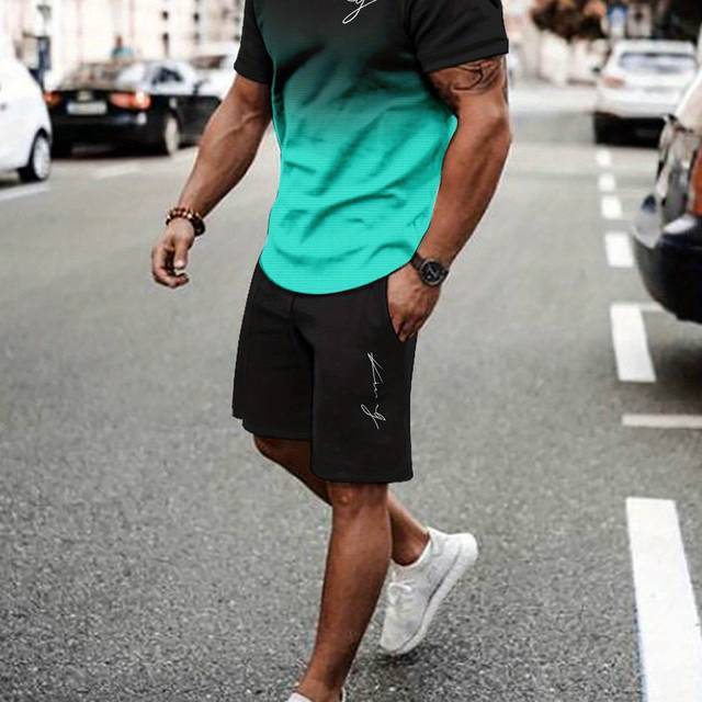 TEMU Casual Sports Suit Breathable Outdoor Casual Men's T-shirt And Five-pants Suit Summer 3d Printing Suit For Adult Men