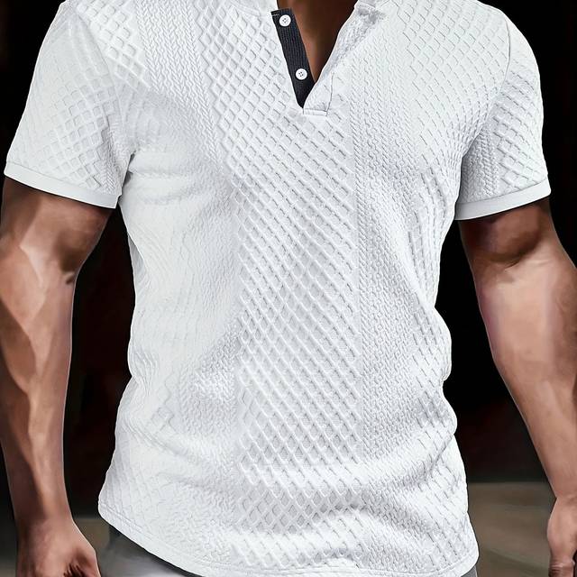 TEMU Men's Textured Jacquard Henley Shirt - Casual Color Block Short Sleeve With Button Details, Stretch Fabric, Regular