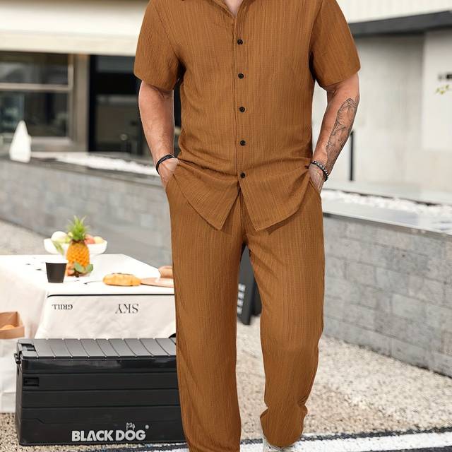 TEMU Men's Casual 2-piece Outfit, Summer Solid Color Shirt & Pants Set, Comfy Button Up Shirt, Breathable Drawstring Pants