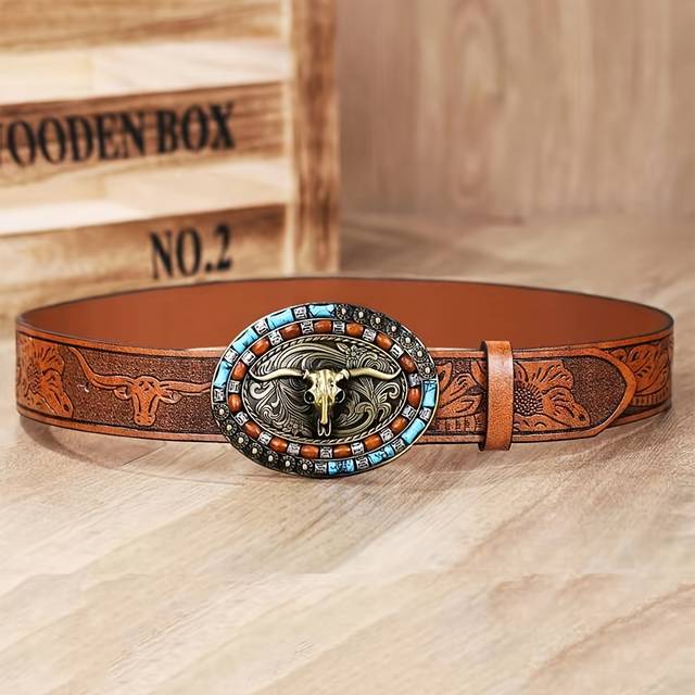TEMU Western Style Embossed Pu Leather Belt With Turquoise & Rhinestone Horse Head - Unisex Street Fashion Accessory