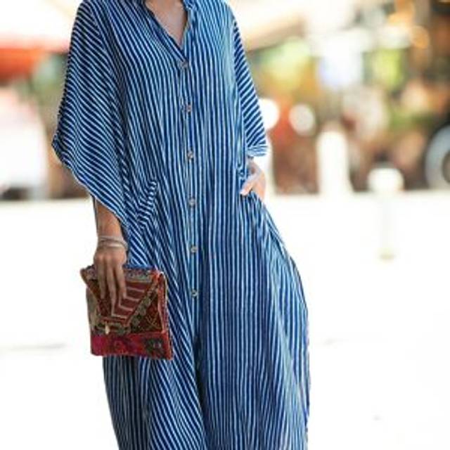 TEMU Everyday Women's Bohemian Striped Beach Kaftan Dress - Lightweight Polyester, V-neck With Button Detail, -up For And Fashionable Vacation Wear